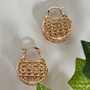 Gold Filled Basket Style Hoop Earrings Greek Key New